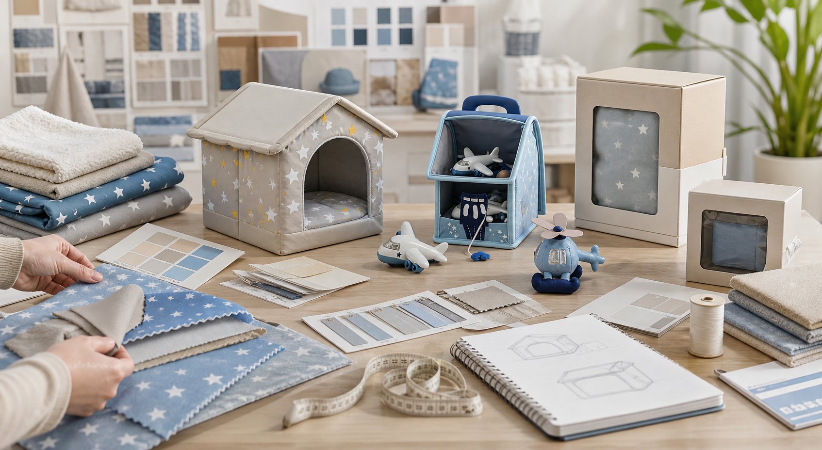 Representative product development scene with textile samples and soft-goods prototypes