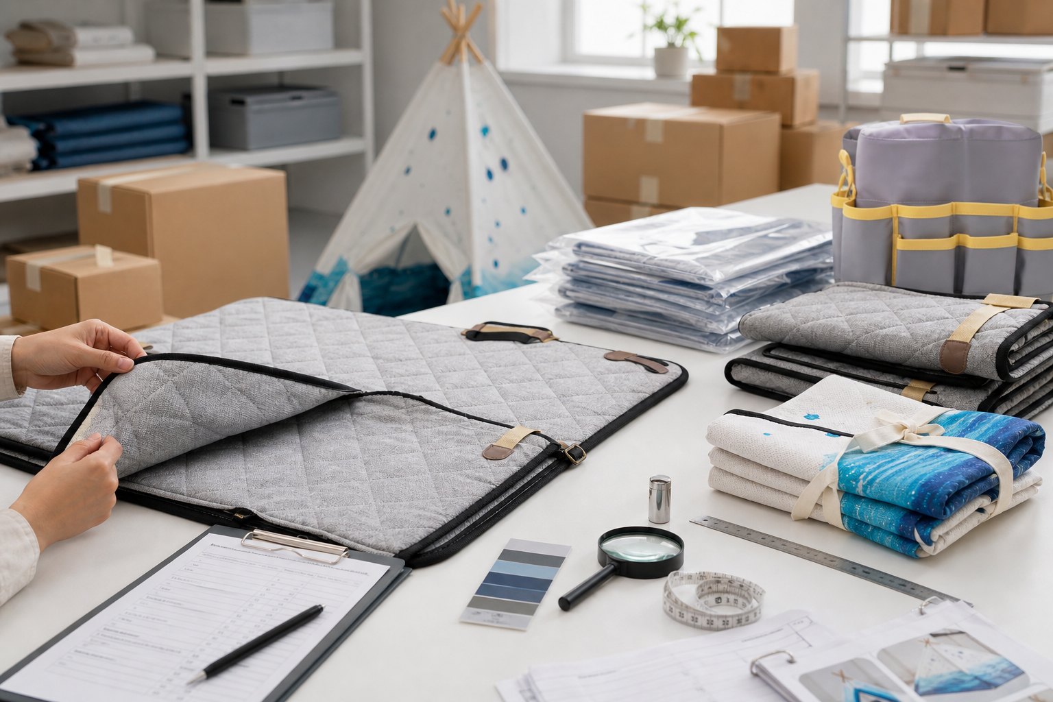 Representative quality review and order preparation scene for fabric soft goods